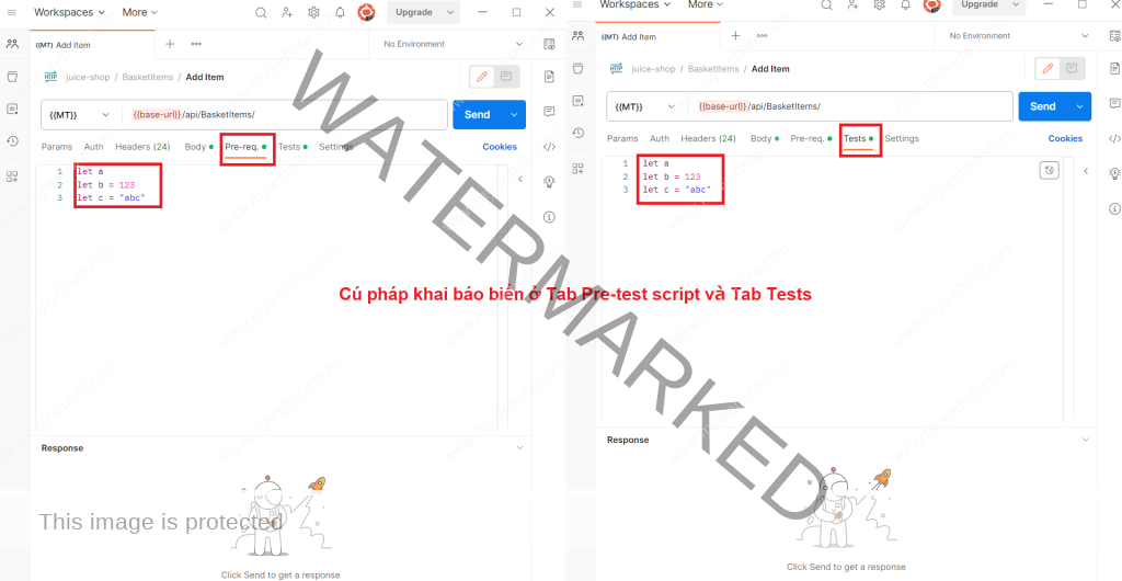Cú pháp khai báo biến ở tab Pre-request Script và tab Tests